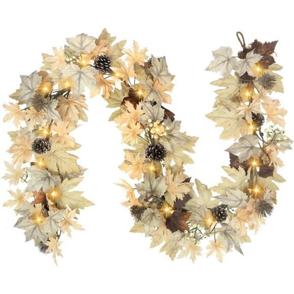 Realistic Fall Garland with Lights, 6 FT Real Touch Feel Leaves Garland - Picture 1 of 7